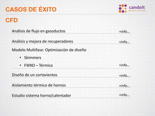 CASOS DE ÉXITO
CFD
Análisis de flujo en gasoductos
Análisis y mejora de recuperadores
Modelo Multifase: Optimización de diseño
• Skimmers
• FWKO – Térmico
Diseño de un cortavientos
Aislamiento térmico de hornos
Estudio sistema horno/calentador
+info…
+info…
+info…
+info…
+info…
+info…
 