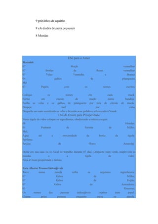 9 peixinhos de aquário
8 eJo (indés de prata pequeno)
8 Moedas
Ebó para o Amor
Material:
07 Maçãs vermelhas
07 Botões de Rosas vermelhas
07 Velas Vermelha e Branca
04 galhos de pitangueira
Mel
07 Papéis com os nomes escritos
Coloque os nomes em cada maçã.
Forme um círculo de maçãs numa bandeja.
Ponha as velas e os galhos de pitangueira por fora do círculo de maçãs.
Despeje mel por cima
Despache no mato acendendo as velas e fazendo seus pedidos e oferecendo á Yansã.
Ebó de Oxum para Prosperidade
Numa tigela de vidro coloque os ingredientes, obedecendo a ordem a seguir:
08 Moedas;
01 Punhado de Farinha de Milho;
Mel;
Água até a proximidade da borda da tigela;
Perfume;
Pétalas de Flores Amarelas.
Deixe em sua casa ou no local de trabalho durante 07 dias. Despache num verde, reaproveite as
moedas e a tigela de vidro.
Peça á Oxum properidade e fartura.
Para Afastar Pessoas Indesejáveis
Torre numa panela velha os seguintes ingredientes:
07 Grãos de Milho;
07 Grãos de Feijão;
07 Grãos de Amendoim:
03 Pimentas;
Os nomes das pessoas indesejáveis escritos num papel.
Chame pelas pessoas enquanto mexe na panela.
 