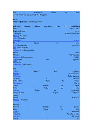 Inã - Cansanção branco de leite
Aberê - Picão-da-praia, carrapicho-de-agulha
Ògún
Mariwô Folha de palmeira de dendê
paitandy contato celular operadora vivo (11) 998173814
Ìróko Folha-de-loko
Pepé Malmequer bravo
Teterégún Canela-de-macaco
Monam Parietária
Aferê Mutamba
Piperégún Nativo
Obô Rama de leite
Eregê Erva-tostão, graminha
Ibin Folha-de-bicho
Afoman Erva-de-passarinho
Omun Bredo
Orin-rin Alfavaquinha
Odun-dun Folha-da-costa (saião)
Teté Bredo sem espinhos
Já Capeba
Anó-peipa Cipó-chumbo
Odé
Teté - Bredo sem espinhos
Orin-rin - Alfavaquinha
Odun-dun - Folha-da-costa
Jacomijé - Jarrinha
Irekê-omin - Dandá do brejo
Piperégún - Nativo
Junçá - Espada de Ògún
Ìróko - Folha de loko
Mariwô - Folha de dendezêiro
Irum-perlêmin - Capim cabeludo
Akoko
Fitiba - Cana-fita
Monam - Parietária
Òsányín
Ganucô - Língua de galinha
Obô - Rama de leite
Aferé - Mutamba
Tolu-tolu - Papinho-de-peru
Monam - Parietária
Jamin - Cajá
 