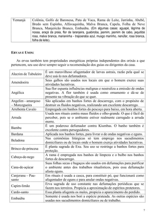 7
Yemanjá Colônia, Golfo de Baronesa, Pata de Vaca, Rama de Leite, Jarrinha, Abebê,
Bredo sem Espinho, Alfavaquinha, Malva Branca, Capela, Folha de Neve
Branca, Manjericão Branco, Embaúba. (Em algumas casas: aguapé, lágrima de
nossa, araçá da praia, flor de laranjeira, guabiroba, jasmim, jasmim de cabo, jequitibá
rosa, malva branca, marianinha - trapoeraba azul, musgo marinho, nenúfar, rosa branca,
folha de leite).
ERVAS E USOS:
As ervas também tem propriedades energéticas próprias independentes dos orixás a que
pertencem, seu uso deve sempre seguir a recomendação dos guias ou dirigentes da casa.
Alecrim de Tabuleiro
É um maravilhoso afugentador de larvas astrais, razão pela qual se
deve usá-lo nos defumadores.
Amendoeira
Seus galhos são usados nos locais em que o homem exerce suas
atividades lucrativas.
Angélica
Sua flor espanta influências malignas e neutraliza a emissão de ondas
negativas. A flor também é usada como ornamento e dá-se de
presente na vibração do que se quer.
Angelim - amargoso
– Morcegueira
São aplicadas em banhos fortes de descarrego, com o propósito de
destruir os fluidos negativos, realizando um excelente descarrego.
Arrebenta Cavalo Empregada em banhos fortes do pescoço para baixo, em hora aberta.
Arruda
Usada nos rituais contra maus fluidos e olho-grande. O que é fácil de
perceber, pois se o ambiente estiver realmente carregado a arruda
morre.
Bambu
É um poderoso defumador contra Kiumbas. O banho também é
excelente contra perseguidores.
Bardana Aplicada nos banhos fortes, para livrar o de ondas negativas e eguns.
Beladona
Nas cerimônias litúrgicas só tem emprego nos sacudimentos
domiciliares ou de locais onde o homem exerça atividades lucrativas.
Brinco-de-princesa
É planta sagrada de Exu. Seu uso se restringe a banhos fortes para
proteção.
Cabeça-de-nego
A rama é empregada nos banhos de limpeza e o bulbo nos banhos
fortes de descarrego.
Cana-de-açúcar
Suas folhas secas e bagaços são usados em defumações para purificar
o ambiente antes dos trabalhos ritualísticos, pois essa defumação
afasta eguns.
Canjerana – Pau-
santo
Em rituais é usada a casca, para constituir pó, que funcionará como
afugentador de eguns e para anular ondas negativas.
Capim-limão
Erva sagrada de uso constante nas defumações periódicas que se
fazem nos terreiros. Propicia a aproximação de espíritos protetores.
Cardo-santo Essa planta afugenta os males, propicia o aparecimento do perdido.
Embaúba
Somente é usada nos bori a espécie prateada. As outras espécies são
usadas nos sacudimentos domiciliares ou de trabalho.
 