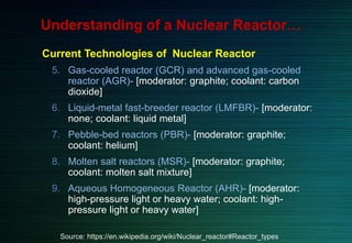 Understanding of a Nuclear Reactor…
Current Technologies of Nuclear Reactor
5. Gas-cooled reactor (GCR) and advanced gas-cooled
reactor (AGR)- [moderator: graphite; coolant: carbon
dioxide]
6. Liquid-metal fast-breeder reactor (LMFBR)- [moderator:
none; coolant: liquid metal]
7. Pebble-bed reactors (PBR)- [moderator: graphite;
coolant: helium]
8. Molten salt reactors (MSR)- [moderator: graphite;
coolant: molten salt mixture]
9. Aqueous Homogeneous Reactor (AHR)- [moderator:
high-pressure light or heavy water; coolant: high-
pressure light or heavy water]
Source: https://en.wikipedia.org/wiki/Nuclear_reactor#Reactor_types
7
 