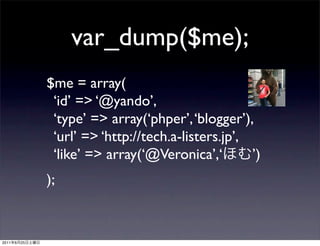 var_dump($me);
                $me = array(
                 ‘id’ => ‘@yando’,
                 ‘type’ => array(‘phper’, ‘...