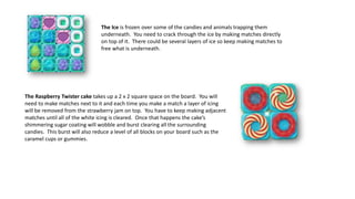 The Ice is frozen over some of the candies and animals trapping them
underneath. You need to crack through the ice by making matches directly
on top of it. There could be several layers of ice so keep making matches to
free what is underneath.
The Raspberry Twister cake takes up a 2 x 2 square space on the board. You will
need to make matches next to it and each time you make a match a layer of icing
will be removed from the strawberry jam on top. You have to keep making adjacent
matches until all of the white icing is cleared. Once that happens the cake’s
shimmering sugar coating will wobble and burst clearing all the surrounding
candies. This burst will also reduce a level of all blocks on your board such as the
caramel cups or gummies.
 