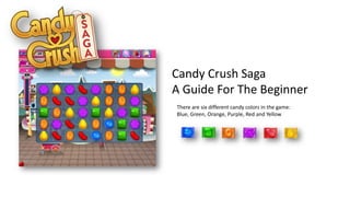 Candy Crush Saga
A Guide For The Beginner
There are six different candy colors in the game:
Blue, Green, Orange, Purple, Red and Yellow
 