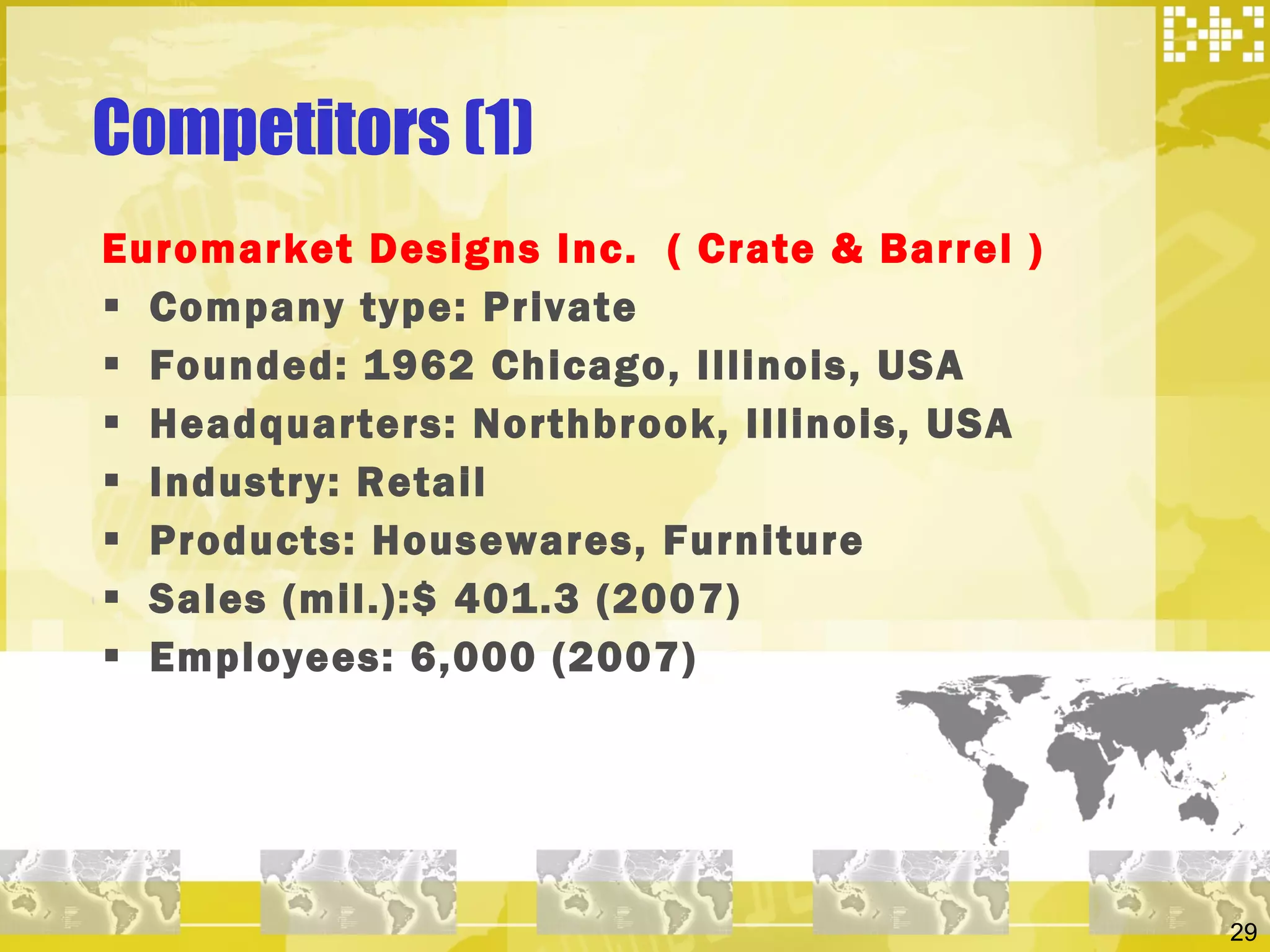 Competitors (1) Euromarket Designs Inc.  ( Crate & Barrel ) Company type: Private Founded: 1962 Chicago, Illinois, USA Headquarters: Northbrook, Illinois, USA Industry: Retail Products: Housewares, Furniture Sales (mil.):$ 401.3 (2007) Employees: 6,000 (2007) 