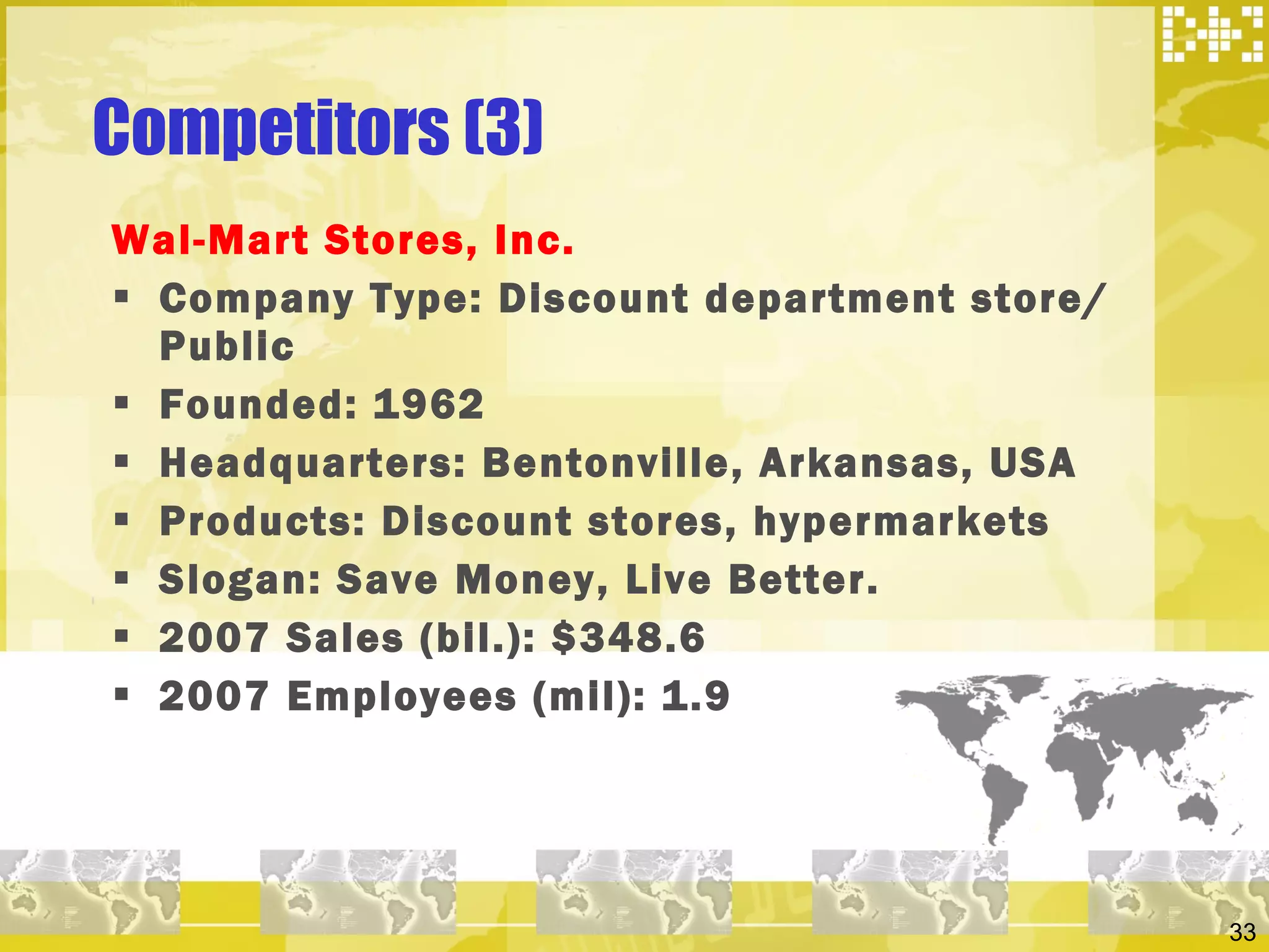 Competitors (3) Wal-Mart Stores, Inc. Company Type: Discount department store/Public Founded: 1962 Headquarters: Bentonville, Arkansas, USA Products: Discount stores, hypermarkets Slogan: Save Money, Live Better. 2007 Sales (bil.): $348.6 2007 Employees (mil): 1.9 