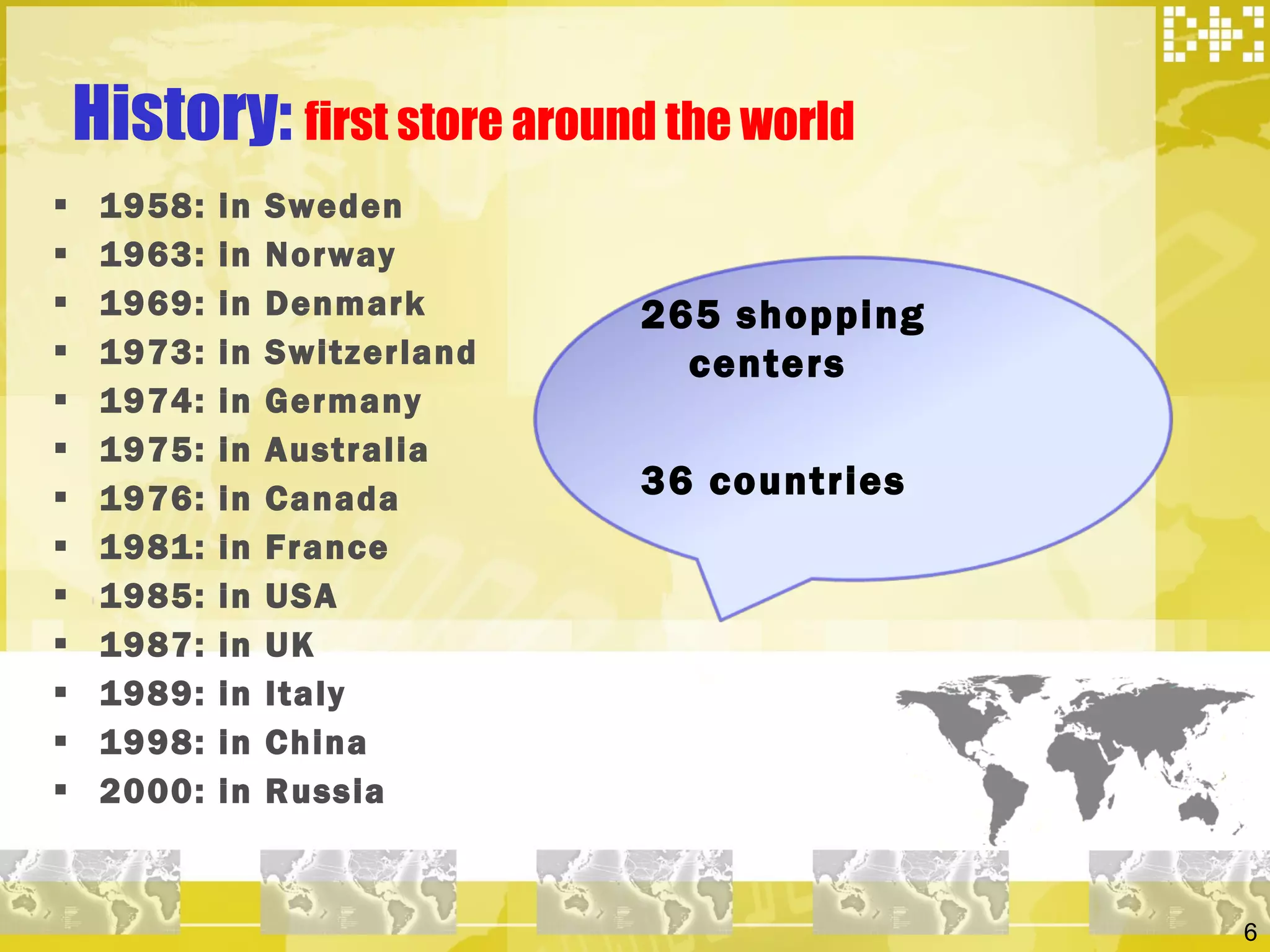 History:  first store around the world 1958: in Sweden 1963: in Norway 1969: in Denmark 1973: in Switzerland 1974: in Germany 1975: in Australia 1976: in Canada 1981: in France 1985: in USA 1987: in UK 1989: in Italy 1998: in China 2000: in Russia 265 shopping centers 36 countries 