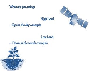 What are you using:
High Level
– Eye in the sky concepts
Low Level
– Down in the weeds concepts
 