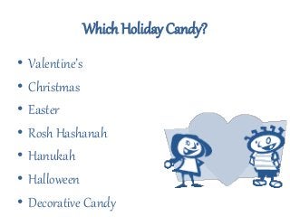 Which Holiday Candy?
• Valentine’s
• Christmas
• Easter
• Rosh Hashanah
• Hanukah
• Halloween
• Decorative Candy
 