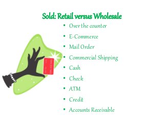 Sold: Retail versus Wholesale
• Over the counter
• E-Commerce
• Mail Order
• Commercial Shipping
• Cash
• Check
• ATM
• Credit
• Accounts Receivable
 