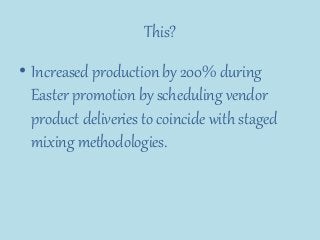 This?
• Increased production by 200% during
Easter promotion by scheduling vendor
product deliveries to coincide with staged
mixing methodologies.
 