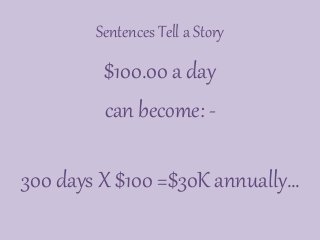 Sentences Tell a Story
$100.00 a day
can become: -
300 days X $100 =$30K annually…
 
