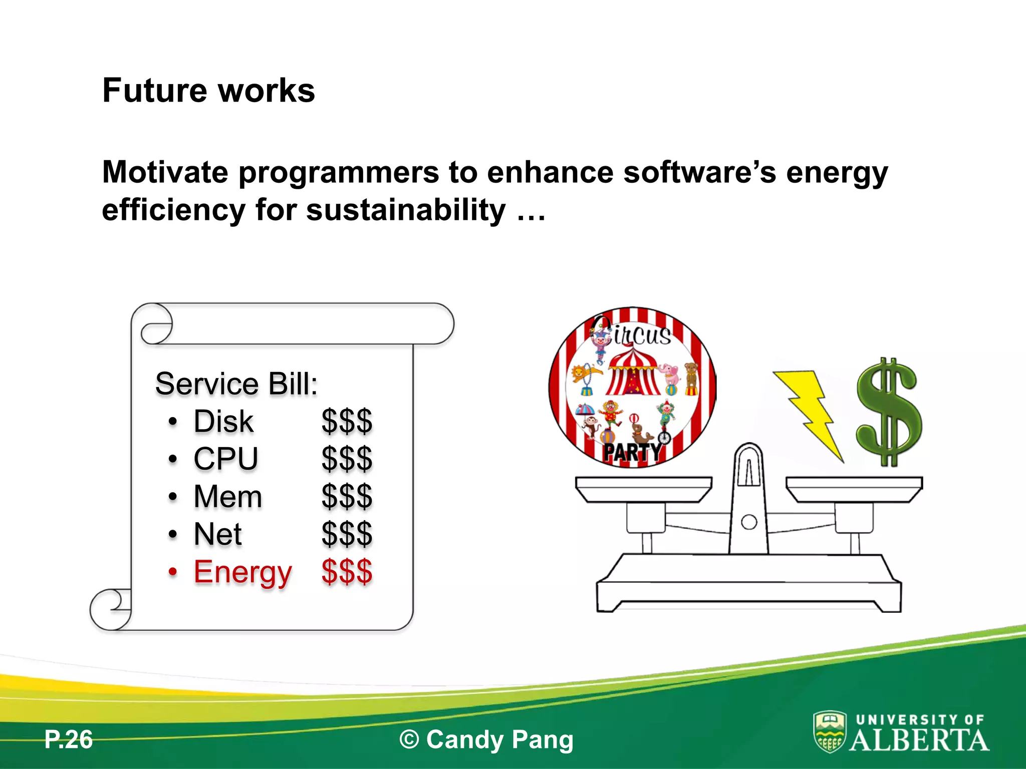P.26 © Candy Pang
Motivate programmers to enhance software’s energy
efficiency for sustainability …
Future works
Service Bill:
• Disk $$$
• CPU $$$
• Mem $$$
• Net $$$
• Energy $$$
 