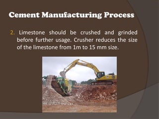 Cement Manufacturing Process

2. Limestone should be crushed and grinded
  before further usage. Crusher reduces the size
  of the limestone from 1m to 15 mm size.
 