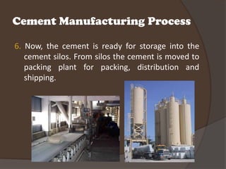 Cement Manufacturing Process

6. Now, the cement is ready for storage into the
   cement silos. From silos the cement is moved to
   packing plant for packing, distribution and
   shipping.
 