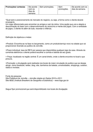 Promoções/ cortesias        De acordo    Sem promoções.         Sem              De acordo com os
                            com os                              promoções.       dias da semana.
                            dias da
                            semana


*Qual será o posicionamento de mercado do negócio, ou seja, a forma como o cliente deverá
enxergá-lo.
Um lugar diferenciado para encontrar os amigos e sair da rotina. Uma opção que une a alegria e
descontração do laser com o desenvolvimento do raciocínio e mente dos jogos. Com a variedade
de jogos, o cliente irá além de tudo, recordar a infância.



Definição de objetivos e metas:


>Produto: Encontra-se na fase no lançamento, como um produto/serviço novo na cidade que vai
proporcionar diversão ao publico de Joinville.

>Preço:individual, taxa de R$15 por pessoa que disponibiliza qualquer jogo da casa. Através da
comanda eletrônica o cliente poderá escolher a comida e bebida de seu gosto.

> Praça: localizado na região central. É um canal direito, onde o cliente encontra no local o que
procura.

>Promoção: a divulgação será realizada nos locais de maior circulação do publico que se deseja
atingir, como facebook, twitter, blog, site, banheiros de balada, universidades, shoppings, outdoor,
rádios e revistas.



Fonte de pesquisa:
Site Prefeitura de Joinville – Joinville cidade em Dados 2010 a 2011
Site IBGE (Instituto Brasileiro de Geografia e Estatística) – www.ibge.gov.br



Segue flyer promocional que será disponibilizado nos locais de divulgação
 