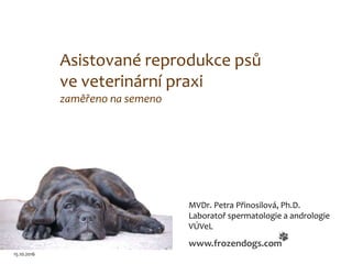 Asistované reprodukce psů
ve veterinární praxi
zaměřeno na semeno
MVDr. Petra Přinosilová, Ph.D.
Laboratoř spermatologie a andrologie
VÚVeL
www.frozendogs.com
15.10.2016
 