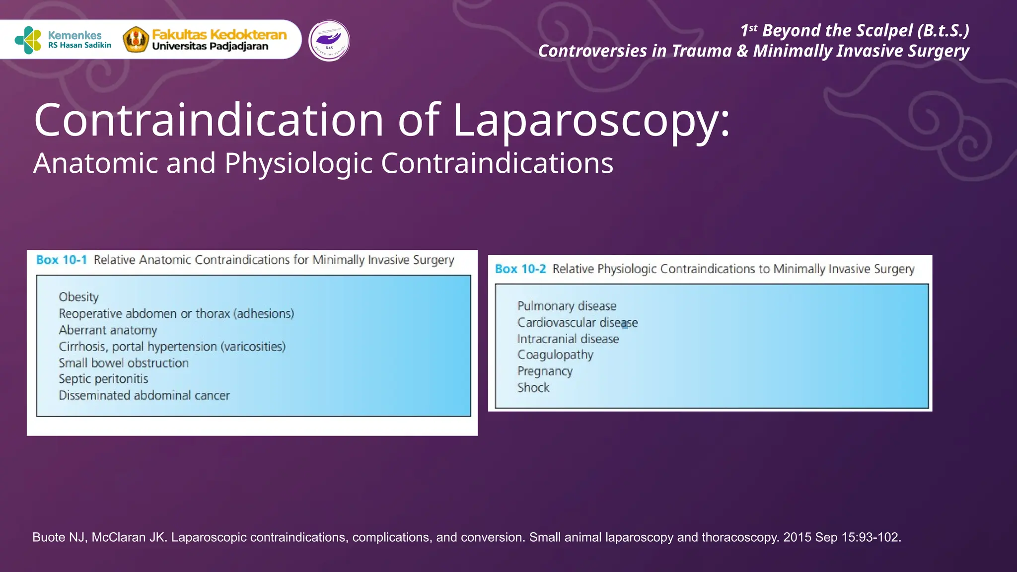 Contraindication of Laparoscopy:
Anatomic and Physiologic Contraindications
1st
Beyond the Scalpel (B.t.S.)
Controversies in Trauma & Minimally Invasive Surgery
Buote NJ, McClaran JK. Laparoscopic contraindications, complications, and conversion. Small animal laparoscopy and thoracoscopy. 2015 Sep 15:93-102.
 