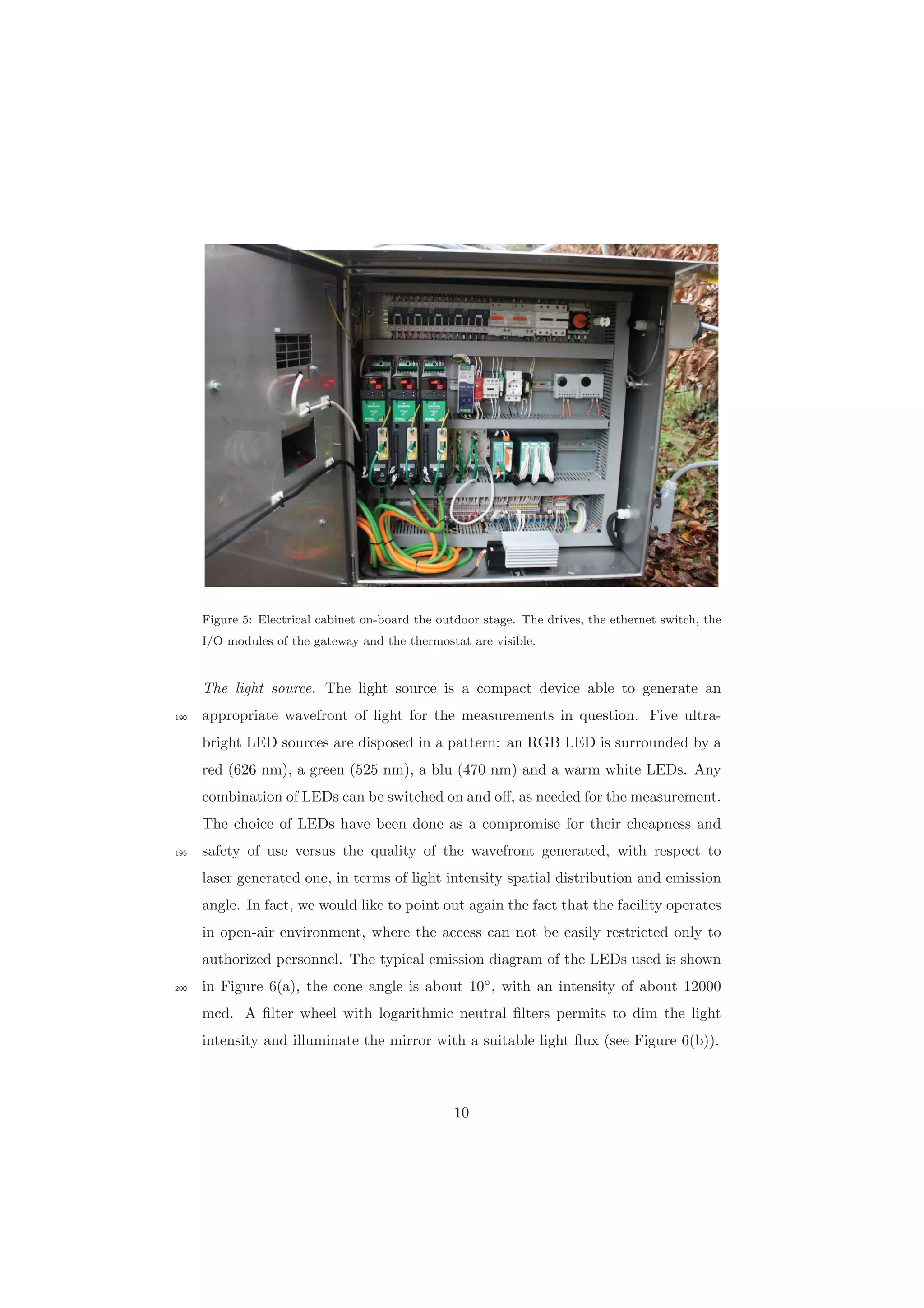 Figure 5: Electrical cabinet on-board the outdoor stage. The drives, the ethernet switch, the
I/O modules of the gateway and the thermostat are visible.
The light source. The light source is a compact device able to generate an
appropriate wavefront of light for the measurements in question. Five ultra-190
bright LED sources are disposed in a pattern: an RGB LED is surrounded by a
red (626 nm), a green (525 nm), a blu (470 nm) and a warm white LEDs. Any
combination of LEDs can be switched on and oﬀ, as needed for the measurement.
The choice of LEDs have been done as a compromise for their cheapness and
safety of use versus the quality of the wavefront generated, with respect to195
laser generated one, in terms of light intensity spatial distribution and emission
angle. In fact, we would like to point out again the fact that the facility operates
in open-air environment, where the access can not be easily restricted only to
authorized personnel. The typical emission diagram of the LEDs used is shown
in Figure 6(a), the cone angle is about 10◦
, with an intensity of about 12000200
mcd. A ﬁlter wheel with logarithmic neutral ﬁlters permits to dim the light
intensity and illuminate the mirror with a suitable light ﬂux (see Figure 6(b)).
10
 