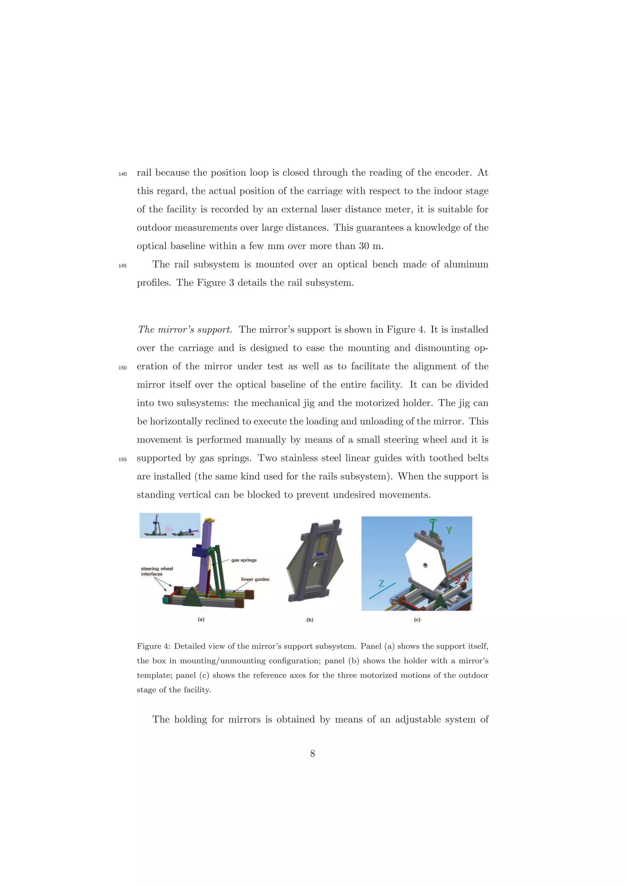 rail because the position loop is closed through the reading of the encoder. At140
this regard, the actual position of the carriage with respect to the indoor stage
of the facility is recorded by an external laser distance meter, it is suitable for
outdoor measurements over large distances. This guarantees a knowledge of the
optical baseline within a few mm over more than 30 m.
The rail subsystem is mounted over an optical bench made of aluminum145
proﬁles. The Figure 3 details the rail subsystem.
The mirror’s support. The mirror’s support is shown in Figure 4. It is installed
over the carriage and is designed to ease the mounting and dismounting op-
eration of the mirror under test as well as to facilitate the alignment of the150
mirror itself over the optical baseline of the entire facility. It can be divided
into two subsystems: the mechanical jig and the motorized holder. The jig can
be horizontally reclined to execute the loading and unloading of the mirror. This
movement is performed manually by means of a small steering wheel and it is
supported by gas springs. Two stainless steel linear guides with toothed belts155
are installed (the same kind used for the rails subsystem). When the support is
standing vertical can be blocked to prevent undesired movements.
Figure 4: Detailed view of the mirror’s support subsystem. Panel (a) shows the support itself,
the box in mounting/unmounting conﬁguration; panel (b) shows the holder with a mirror’s
template; panel (c) shows the reference axes for the three motorized motions of the outdoor
stage of the facility.
The holding for mirrors is obtained by means of an adjustable system of
8
 