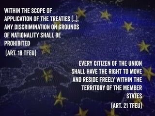 Within the scope of
application of the Treaties (.,),
any discrimination on grounds
of nationality shall be
prohibited
(art. 18 TFEU)
Every citizen of the Union
shall have the right to move
and reside freely within the
territory of the Member
States
(art. 21 TFEU)
 