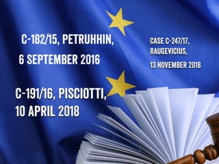 C-182/15, Petruhhin,
6 September 2016
Case C-247/17,
Raugevicius,
13 November 2018
C-191/16, Pisciotti,
10 April 2018
 
