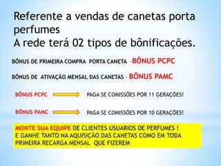 Referente a vendas de canetas porta
perfumes
A rede terá 02 tipos de bônificações.
BÔNUS DE PRIMEIRA COMPRA PORTA CANETA -BÔNUS PCPC
BÔNUS DE ATIVAÇÃO MENSAL DAS CANETAS - BÔNUS PAMC
BÔNUS PCPC PAGA SE COMISSÕES POR 11 GERAÇÕES!
BÔNUS PAMC PAGA SE COMISSÕES POR 10 GERAÇÕES!
MONTE SUA EQUIPE DE CLIENTES USUARIOS DE PERFUMES !
E GANHE TANTO NA AQUISIÇÃO DAS CANETAS COMO EM TODA
PRIMEIRA RECARGA MENSAL QUE FIZEREM
 
