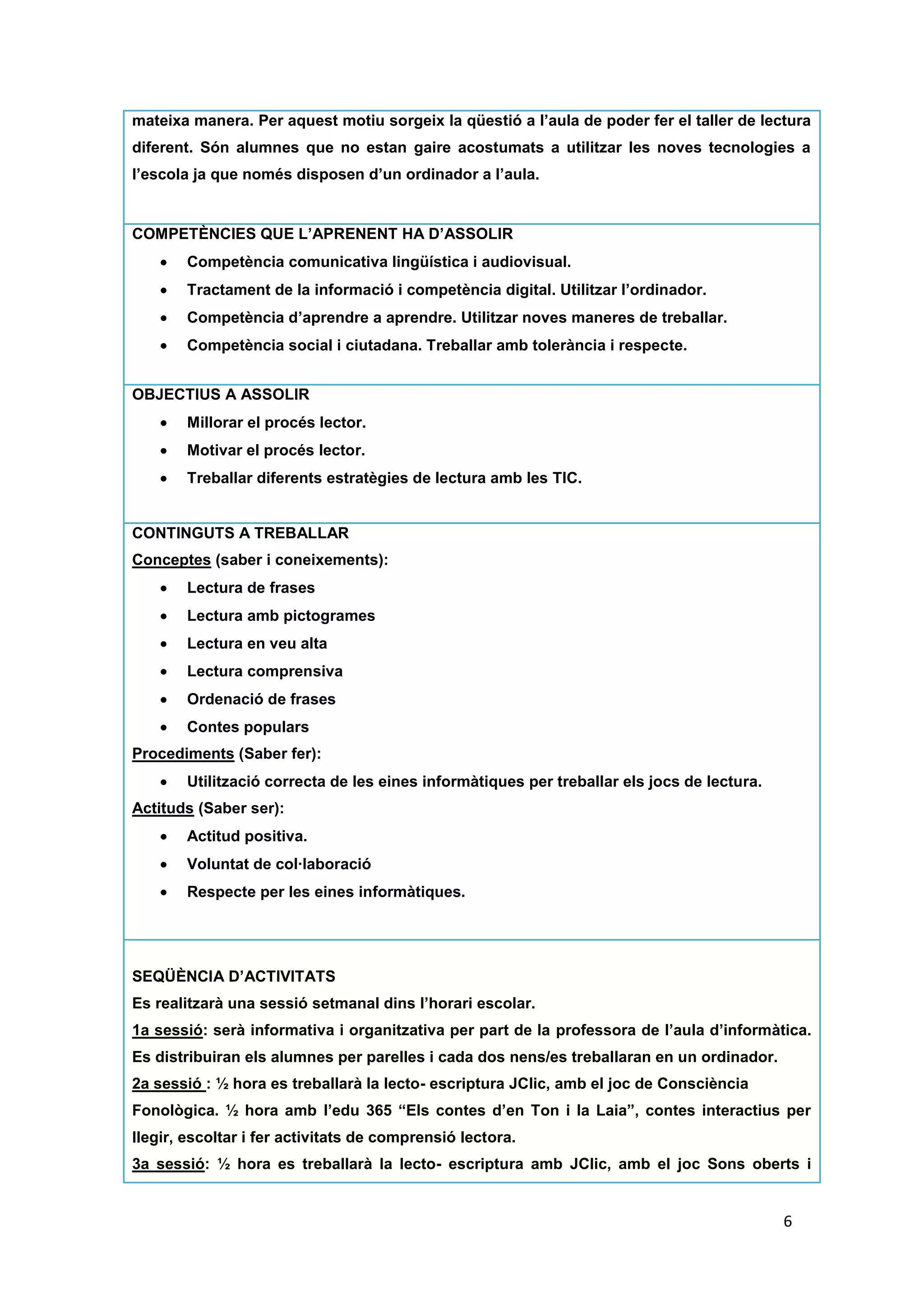 mateixa manera. Per aquest motiu sorgeix la qüestió a l’aula de poder fer el taller de lectura
diferent. Són alumnes que no estan gaire acostumats a utilitzar les noves tecnologies a
l’escola ja que només disposen d’un ordinador a l’aula.


COMPETÈNCIES QUE L’APRENENT HA D’ASSOLIR
        Competència comunicativa lingüística i audiovisual.
        Tractament de la informació i competència digital. Utilitzar l’ordinador.
        Competència d’aprendre a aprendre. Utilitzar noves maneres de treballar.
        Competència social i ciutadana. Treballar amb tolerància i respecte.


OBJECTIUS A ASSOLIR
        Millorar el procés lector.
        Motivar el procés lector.
        Treballar diferents estratègies de lectura amb les TIC.


CONTINGUTS A TREBALLAR
Conceptes (saber i coneixements):
        Lectura de frases
        Lectura amb pictogrames
        Lectura en veu alta
        Lectura comprensiva
        Ordenació de frases
        Contes populars
Procediments (Saber fer):
        Utilització correcta de les eines informàtiques per treballar els jocs de lectura.
Actituds (Saber ser):
        Actitud positiva.
        Voluntat de col·laboració
        Respecte per les eines informàtiques.




SEQÜÈNCIA D’ACTIVITATS
Es realitzarà una sessió setmanal dins l’horari escolar.
1a sessió: serà informativa i organitzativa per part de la professora de l’aula d’informàtica.
Es distribuiran els alumnes per parelles i cada dos nens/es treballaran en un ordinador.
2a sessió : ½ hora es treballarà la lecto- escriptura JClic, amb el joc de Consciència
Fonològica. ½ hora amb l’edu 365 “Els contes d’en Ton i la Laia”, contes interactius per
llegir, escoltar i fer activitats de comprensió lectora.
3a sessió: ½ hora es treballarà la lecto- escriptura amb JClic, amb el joc Sons oberts i


                                                                                             6
 