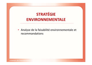 STRATÉGIE
ENVIRONNEMENTALE
• Analyse de la faisabilité environnementale et
recommandations
 