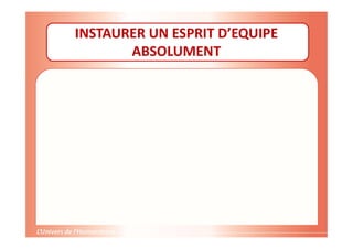 Gestion de projet de solidarité
internationale et développement durable
INSTAURER UN ESPRIT D’EQUIPE
ABSOLUMENT
 