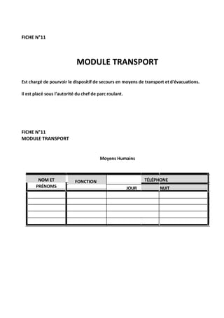 FICHE N°11
MODULE TRANSPORT
Est chargé de pourvoir le dispositif de secours en moyens de transport et d'évacuations.
Il est placé sous l’autorité du chef de parc roulant.
FICHE N°11
MODULE TRANSPORT
Moyens Humains
NOM ET FONCTION TÉLÉPHONE
PRÉNOMS JOUR NUIT
 