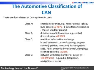 The Automotive Classification of
                     CAN
 There are four classes of CAN-systems in use :

                     Class A:       chassis electronics, e.g. mirror adjust, light &
                                    bulb control10 KBPS ; 1 data transmission line
                                    , chassis used for ground
                     Class B:       distribution of information, e.g. central
                                    driver-display; 40 KBPS
                     Class C:       real-time information exchange
                                    in and between control-loops e.g. engine-
                                    control( ignition, injection), brake-systems
                                    (ABS, ASR); dynamic drive control, damping ;
                                    steering-control ; 1 MBPS
                     Class D:       network with large number of data’s ( >
                                    10KB/frame) , e.g. radio, telephone,
                                    navigation-systems

Technology beyond the Dreams™                           Copyright © 2006 Pantech Solutions Pvt
 