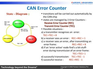 CAN Error Counter
      State - Diagram :                                        • transitions will be carried out automatically by
                                                                  the CAN-chip
                                                               • states are managed by 2 Error Counters :
                                                                   Receive Error Counter (REC)
   REC <127
   and            error active
   TEC <=127
                                            'reset' or 'init       Transmit Error Counter (TEC)
                            REC >127 or
                                            node'
                                                               • Possible situations :
                            127<TEC<255
                                                               a) a transmitter recognises an error:
                                                                  TEC:=TEC + 8
  error passive
                                          bus off              b) a receiver sees an error : REC:=REC + 1
                                                               c) a receiver sees an error, after transmitting an
                                                                   error frame:                REC:=REC + 8
                      TEC > 255



                                                               d) if an ‘error active’-node find’s a bit-stuff-
                                                                  error during transmission of an error frame:
                                                                                               TEC:=TEC+ 1
                                                               e) successful transmission: TEC:=TEC - 1
                                                               f) successful receive :      REC:=REC - 1

Technology beyond the Dreams™                                                     Copyright © 2006 Pantech Solutions Pvt
 