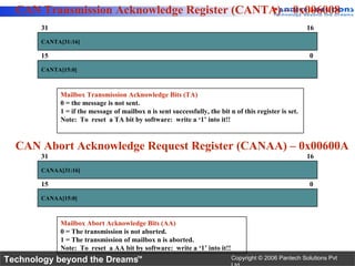 CAN Transmission Acknowledge Register (CANTA) – 0x006008
       31                                                                                              16
       CANTA[31:16]

       15                                                                                              0
       CANTA[15:0]



            Mailbox Transmission Acknowledge Bits (TA)
            0 = the message is not sent.
            1 = if the message of mailbox n is sent successfully, the bit n of this register is set.
            Note: To reset a TA bit by software: write a ‘1’ into it!!



  CAN Abort Acknowledge Request Register (CANAA) – 0x00600A
       31                                                                                              16
       CANAA[31:16]

       15                                                                                              0
       CANAA[15:0]



            Mailbox Abort Acknowledge Bits (AA)
            0 = The transmission is not aborted.
            1 = The transmission of mailbox n is aborted.
            Note: To reset a AA bit by software: write a ‘1’ into it!!
Technology beyond the Dreams™                                              Copyright © 2006 Pantech Solutions Pvt
 
