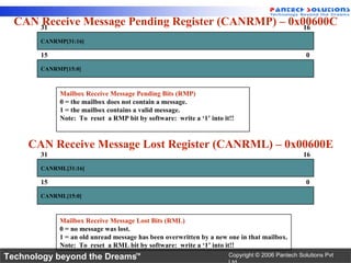 CAN 31
      Receive Message Pending Register (CANRMP) – 0x00600C
                                                     16
       CANRMP[31:16]

       15                                                                                        0
       CANRMP[15:0]



            Mailbox Receive Message Pending Bits (RMP)
            0 = the mailbox does not contain a message.
            1 = the mailbox contains a valid message.
            Note: To reset a RMP bit by software: write a ‘1’ into it!!



     CAN Receive Message Lost Register (CANRML) – 0x00600E
       31                                                                                       16
       CANRML[31:16]

       15                                                                                        0
       CANRML[15:0]



            Mailbox Receive Message Lost Bits (RML)
            0 = no message was lost.
            1 = an old unread message has been overwritten by a new one in that mailbox.
            Note: To reset a RML bit by software: write a ‘1’ into it!!
Technology beyond the Dreams™                                        Copyright © 2006 Pantech Solutions Pvt
 
