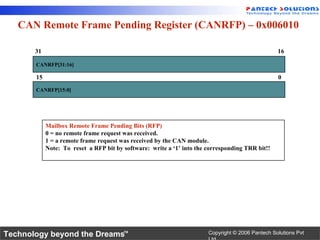 CAN Remote Frame Pending Register (CANRFP) – 0x006010

       31                                                                                         16

       CANRFP[31:16]

       15                                                                                         0
       CANRFP[15:0]




            Mailbox Remote Frame Pending Bits (RFP)
            0 = no remote frame request was received.
            1 = a remote frame request was received by the CAN module.
            Note: To reset a RFP bit by software: write a ‘1’ into the corresponding TRR bit!!




Technology beyond the Dreams™                                          Copyright © 2006 Pantech Solutions Pvt
 