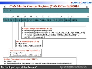 31     CAN Master Control Register (CANMC) – 0x006014                                                         16

  reserved


    15       14    13       12      11      10       9       8       7       6         5    4                        0

 MBCC TCC         SCB     CCR     PDR      DBO WUBA CDR            ABO     STM      SRES MBNR



                          Change Configuration Request (CCR)
                          0 = software requests normal operation
                          1 = software requests write access to CANBTC, CANGAM, LAM[0] and LAM[3].
                              A request is granted by the CAN module with flag CCE ( CANES) = 1.
                             NOTE: SCC Mode only !

                  SCC Compatibility bit (SCB)
                  0 = SCC mode
                  1 = high end CAN (HECC) mode

          Timestamp counter MSB clear (TCC)
          0 = no operation
          1 = timestamp counter MSB is reset to 0

  Mailbox Timestamp counter clear (MBCC)
  0 = no operation
  1 = timestamp counter is reset to 0 after a successful transmission or reception of mailbox 16.

Technology beyond the Dreams™                                               Copyright © 2006 Pantech Solutions Pvt
 