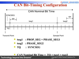 CAN Bit-Timing Configuration
                         CAN Nominal Bit Time
     SYNCSEG
                                                                     sjw
            sjw
                         tseg1                              tseg2



      TQ



 Transmit Point                             Sample Point

                 tseg1 : PROP_SEG + PHASE_SEG1
                 tseg2 : PHASE_SEG2
                 TQ    : SYNCSEG

             CAN Nominal Bit Time =   TQ + tseg1 + tseg2
Technology beyond the Dreams™             Copyright © 2006 Pantech Solutions Pvt
 