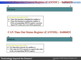 CAN Time Out Control Register (CANTOC) – 0x006030
      31                                                                                 0

      TOC[31:0]




       Time Out Control Bits (TOC)
       0 = Time Out function is disabled for mailbox n.
       1 = Time Out function is enabled for mailbox n.
           If the corresponding MOTO register is greater
            than LNT a time out event will be generated



      CAN Time Out Status Register (CANTOS) – 0x006032
      31                                                                                 0
      TOS[31:0]


      Time Out Status Flags (TOS)
      0 = No Time Out occurred for mailbox n.
      1 = The value in LNT is greater or equal to the value
          in the corresponding MOTO register



Technology beyond the Dreams™                                 Copyright © 2006 Pantech Solutions Pvt
 