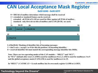 CAN Local Acceptance Mask Register
                                           0x00 6040 - 0x00 607F
         0 = IDE bit of mailbox determines which message shall be received
         1 = extended or standard frames can be received.
             extended: all 29 bit of LAM are used for filter against all 29 bit of mailbox .
             standard: only first eleven bits of mailbox and LAM [28-18] are used.

         31        30-29        28                                                             16

    LAMI         reserved   LAMn[28:16]


    15                                                                                         0
    LAMn[15:0]



    LAMn[28-0]: Masking of identifier bits of incoming messages
    1 = don’t care ( accept 1 or 0 for this bit position ) of incoming identifier.
    0 = received identifier bit must match the corresponding message identifier bit (MID).

     Note: There are two operating modes of the CAN module : “HECC” and “SCC”.
     In “SCC” (default after reset ) LAM0 is used for mailboxes 0 to 2, LAM3 is used for mailboxes 3 to 5
     and the global acceptance mask (CANGAM) is used for mailboxes 6 to 15.

     In “HECC” ( CANMC:13 = 1) each mailbox has its own mask register LAM0 to LAM31.



Technology beyond the Dreams™                                                Copyright © 2006 Pantech Solutions Pvt
 