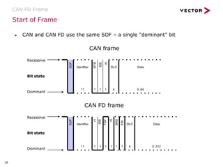 Start of Frame
CAN FD Frame
▶ CAN and CAN FD use the same SOF – a single “dominant” bit
CAN frame
Recessive
CAN FD frame
Bit state
Dominant
Recessive
Bit state
Dominant
1
SOF
r1
IDE
FDF
r0
BRS
ESI
Identifier
11
DLC
1 1 1 1 1 1 4
Data
0..512
1
SOF
RTR
IDE
r0
1 1 1
Identifier
11
DLC
4
Data
0..64
18
 