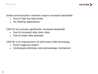 40
Summary
Serial communication networks require increased bandwidth
▶ Due to high bus load levels
▶ For flashing applications
CAN FD can provide significantly increased bandwidth
▶ Due to increased data clock rates
▶ Due to larger data payloads
CAN FD is an improvement of well known CAN technology
▶ Event triggered system
▶ Unchanged arbitration and acknowledge mechanism
 