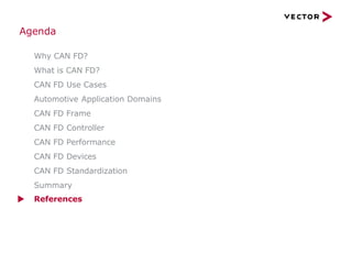 Why CAN FD?
What is CAN FD?
CAN FD Use Cases
Automotive Application Domains
CAN FD Frame
CAN FD Controller
CAN FD Performance
CAN FD Devices
CAN FD Standardization
Summary
▶ References
Agenda
 