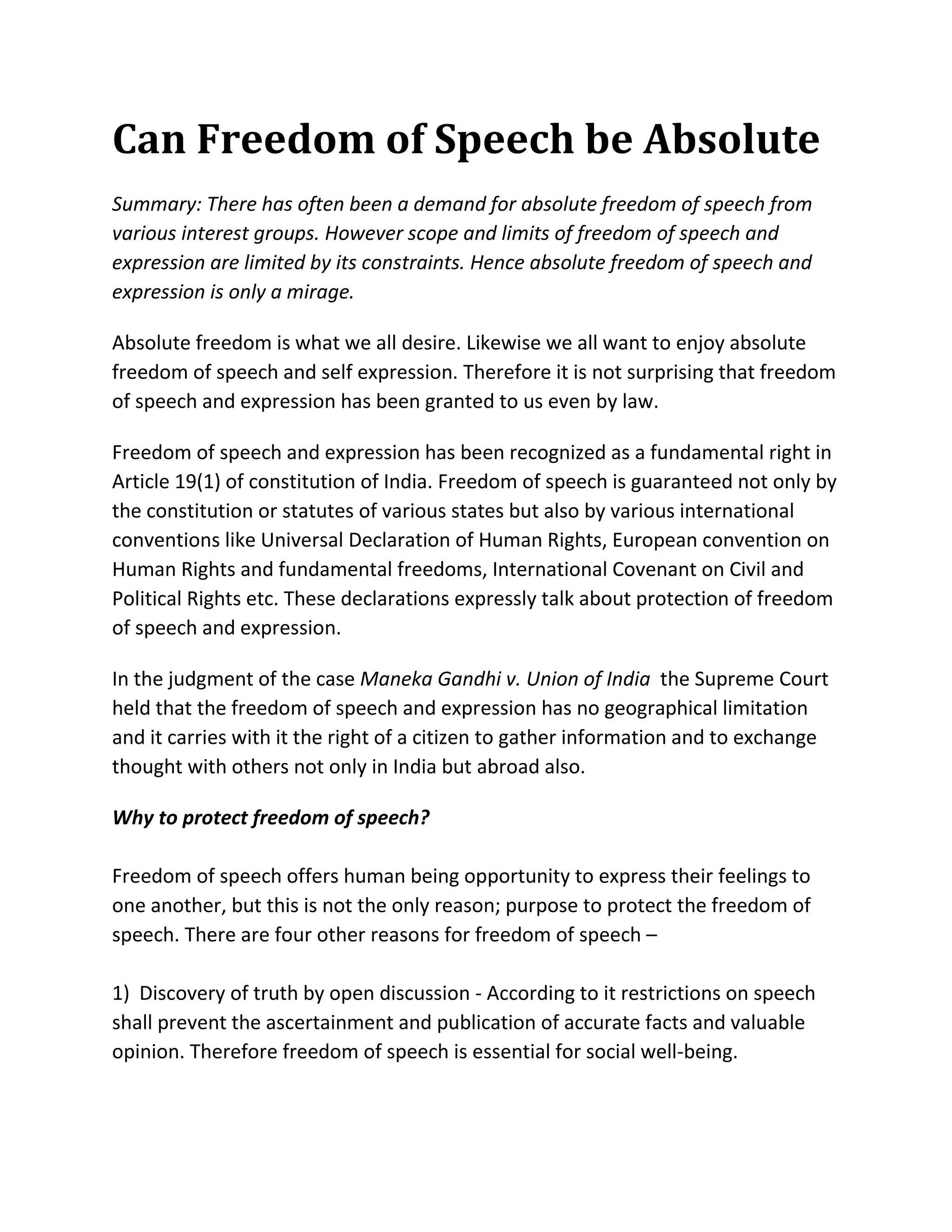 Can freedom of speech be absolute | DOCX