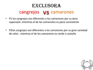 EXCLUSORA
           cangrejos  camarones
• P1 los cangrejos son diferentes a los camarones por su duro
  caparazón ,mientras el de los camarones es poco consistente

• P2los cangrejos son diferentes a los camarones por su gran variedad
  de color , mientras el de los camarones es verde o castaño
 