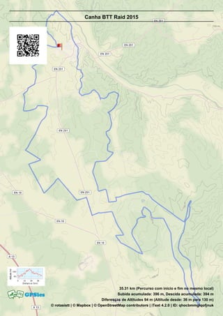 35.31 km (Percurso com início e fim no mesmo local)
Subida acumulada: 396 m, Descida acumulada: 394 m
Diferenças de Altitudes 94 m (Altitude desde: 36 m para 130 m)
© rotasistt | © Mapbox | © OpenStreetMap contributors | iText 4.2.0 | ID: qhocbmmglqofjnuk
Canha BTT Raid 2015
 