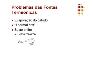 Problemas das Fontes
Termiônicas
Evaporação do catodo
“Thermal drift”
Baixo brilho
Brilho máximo
kT
eVJ oc
Max
π
β =
 