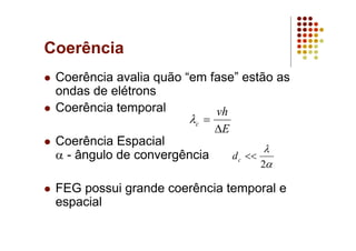 Coerência
Coerência avalia quão “em fase” estão as
ondas de elétrons
Coerência temporal
Coerência Espacial
α - ângulo de convergência
FEG possui grande coerência temporal e
espacial
E
vh
c
∆
=λ
α
λ
2
<<cd
 