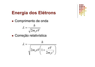 Energia dos Elétrons
Comprimento de onda
Correção relativística
eVm
h
o2
=λ
⎟⎟
⎠
⎞
⎜⎜
⎝
⎛
+
=
2
2
12
cm
eV
eVm
h
o
o
λ
 