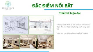 ĐẶC ĐIỂM NỔI BẬT
Thiết kế hiện đại
“Phong cách thiết kế căn hộ theo tiêu chuẩn
hiện đại phù hợp với phong cách sống giới
trẻ
Diện tích căn hộ linh hoạt từ 49 m2 – 94 m2”
 